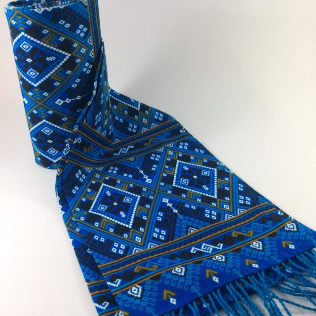สไบพิมพ์ลายสีน้ำเงิน สไบแพรวาพิมพ์ลาย สวย งาม สำหรับผู้หญิง ใช้ทำผ้าเบี่ยง ผ้าคาดเอว