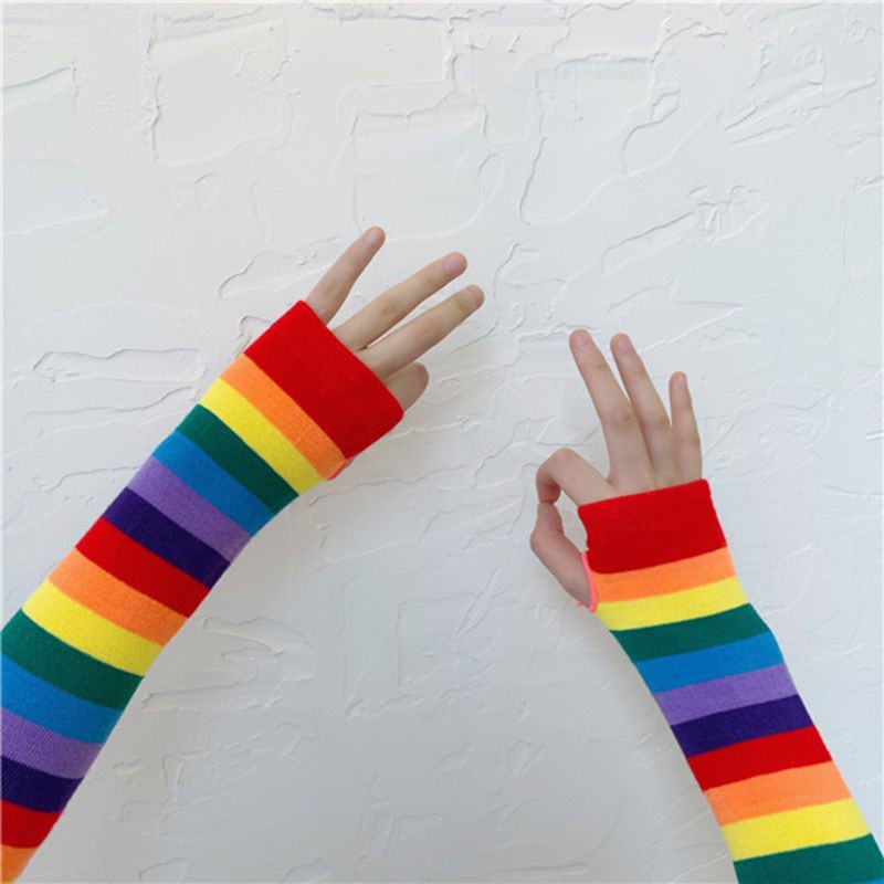 Autu ถุงมือแขนยาวผ้าถักลายขวางสีรุ้งสําหรับผู้หญิงเหมาะกับงานปาร์ตี้ฮาโลวีน