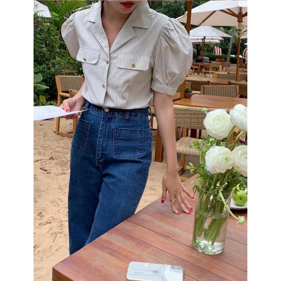 (พร้อมส่งจากไทย) เสื้อเชิ้ตแขนสั้นคอปกลายทางสไตล์เกาหลี [B31]