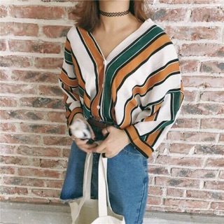 V-line stripe colorful korean shirt