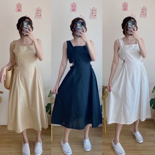 Momoshopbymo: เดรส คอเหลี่ยม เว้าเอว สไตล์เกาหลี