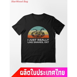 สไตล์ใหม่ งู ผ้าฝ้าย 100% snake งูประจำราศี สไตล์พิเศษ  Funny I Just Really Like Snakes OK Design Essential T-Shirt  คอก