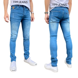 JEANSEXPRESS 210 Winsman Skinny Denim กางเกงยีนส์สกินนี่ชายสีบลูฟอก แต่งสะกิดขาด ป้ายหนังแท้ เป้ากระดุม Size 28-36