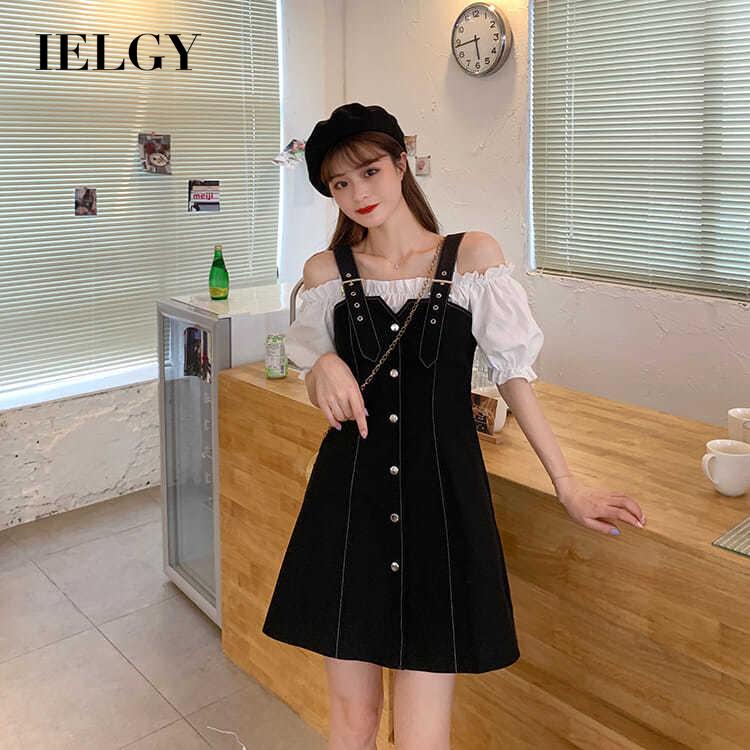 IELGY ชุดเดรสสตรีแขนสั้นสไตล์เฮปเบิร์นสไตล์ฝรั่งเศส
