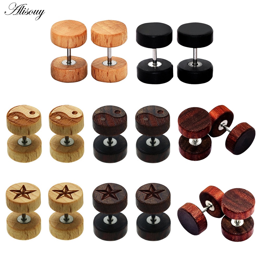Alisouy 2 ชิ้น Punk ไม้หูต่างหูสีน้ําตาลธรรมชาติสีดํา 6/8/10/12 มม.Barbell ปลอมหูปลั๊ก Tragus สําหรับผู้ชายผู้หญิง