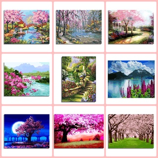 XZ ระบายสีตามตัวเลข Diy Paint By Numbers Spring Woods and Small Town Oil Painting Number Paitning No Frame 16*20 Inch