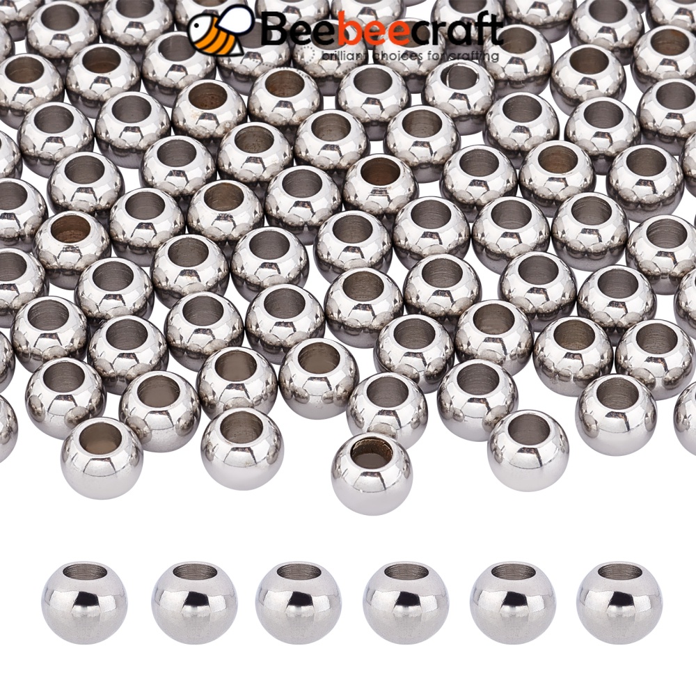 ลูกปัดสเตนเลส ทรงกลม รูขนาดใหญ่ 8 มม. รู 4 มม. สําหรับทําเครื่องประดับ DIY 20~300 ชิ้น