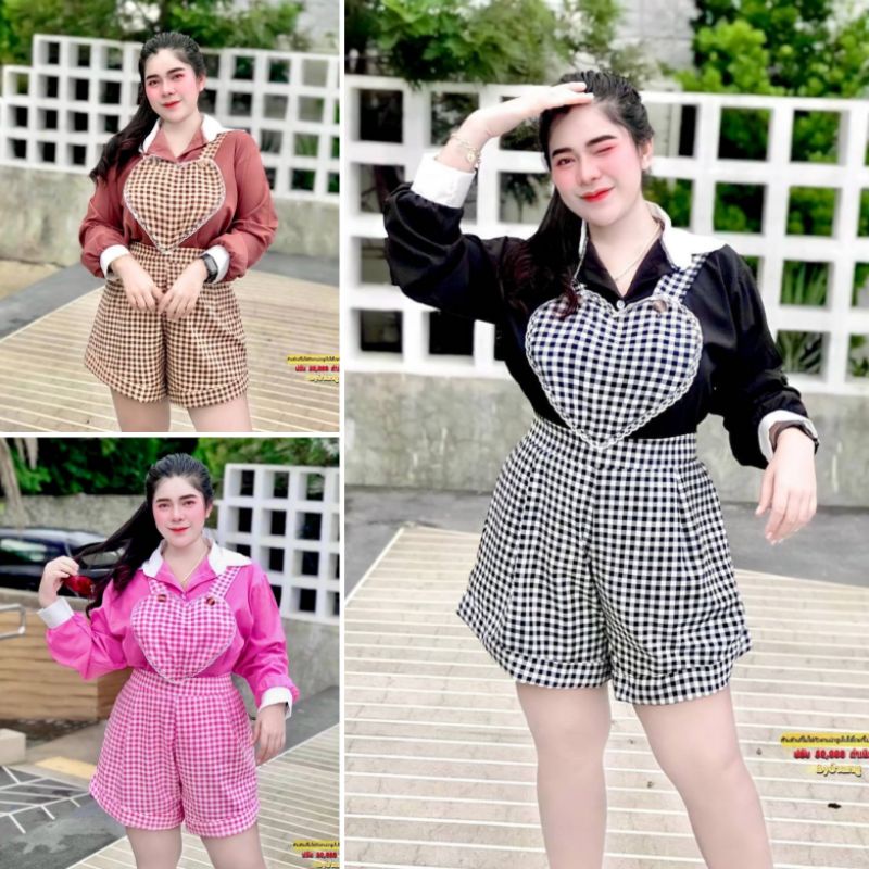 A611 เซ็ตเอี๊ยมมินิฮาร์ท เซ็ต2ชิ้น เสื้อ+เอี๊ยมกางเกง ชุดสาวอวบอ้วน เสื้อผ้าสาวอวบ เสื้อผ้าคนอ้วน เอ