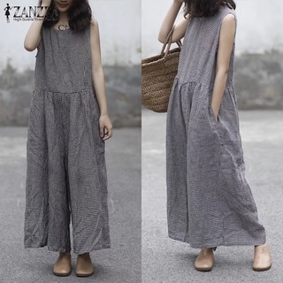 PRETTY Women Round Neck Sleeveless Pockets Check Wide Baggy Long Jumpsuit