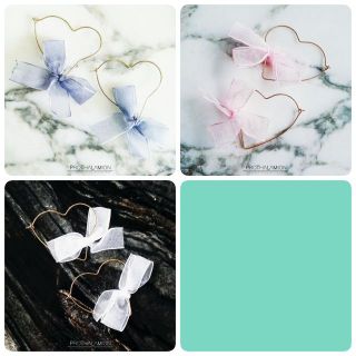 Korea Cute White Ribbon Heart Gold Earrings ต่างหู ตุ้มหู ต่างหูห่วง เกาหลี หัวใจ สีทอง ประดับ โบว์ ขาว ชมพู ฟ้า น่ารัก