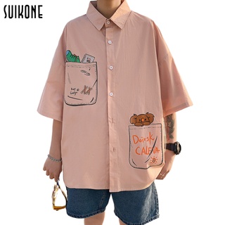 Suikone ฤดูร้อนใหม่เสื้อคู่ผู้ชายลายการ์ตูนแนวโน้มทุกการแข่งขันสวมเสื้อเกาหลีหลวม