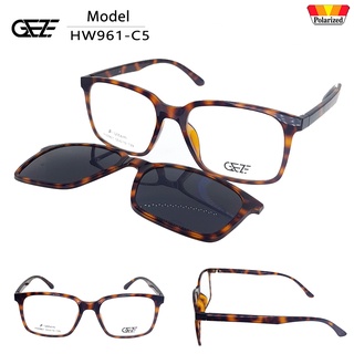 กรอบแว่นสายตาGEZE Clip-On รุ่น HW961-C5 เต็มกรอบสีน้ำตาลลายกะ คลิปออนแม่เหล็ก เลนส์กันแดดPolarized