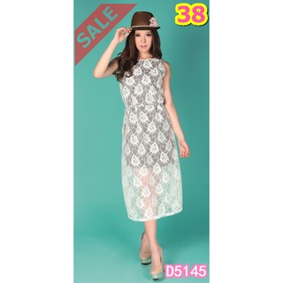 Sale++ (อก38)  D5145**Bikkoob Dress แขนกุดผ้าลูกไม้ครีมทั้งตัว ซับในตัวสีดำ สม็อกหลังเอว Lovely-Catty