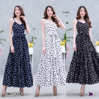 MF17328  Maxi Dress แม็กซี่เดรสสายเดี่ยว ผ้าไหมอิตาลี่ ลายหัวใจ เอวมีสายผูก เนื้อผ้าทิ้งตัวสวยๆ มีซับด้านใน พร้อมส่ง  เน