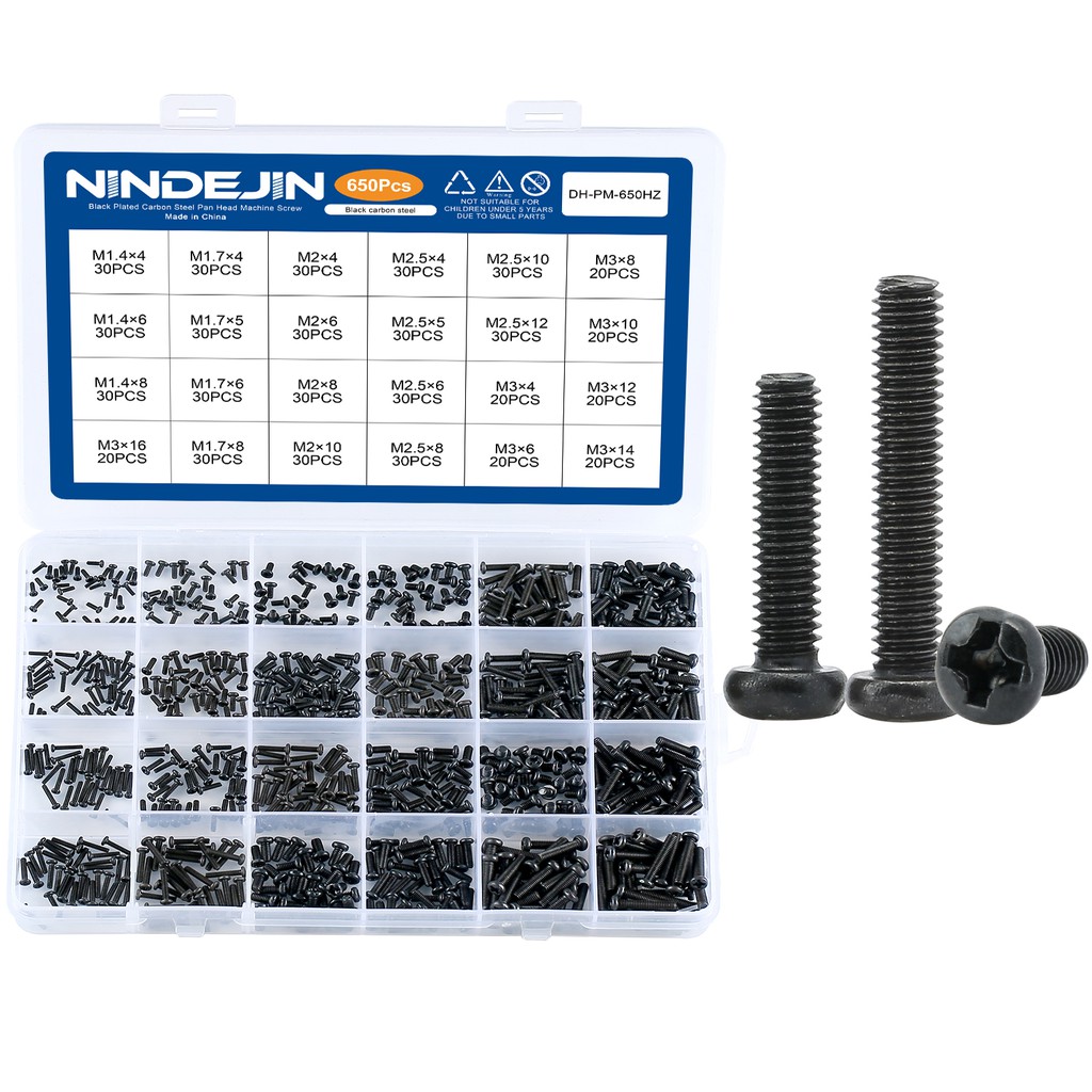 NINDEJIN 650pcs สกรูหัวกลมขนาดเล็กเหล็กกล้าคาร์บอน Bolt M1.4 M1.7 M2.5 M3