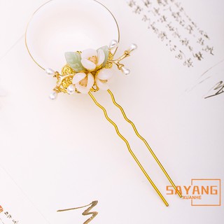 Gold Hairpin Small Fresh Flower Imitated Jade Pearl Decorated Antique Style Hanfu Cheongsam Retro Hair Accessories