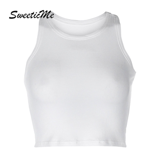 SweeticMe Women Tank Top Fashion Solid Color Round Neck Slim Fit Casual Sports All Match Camisole