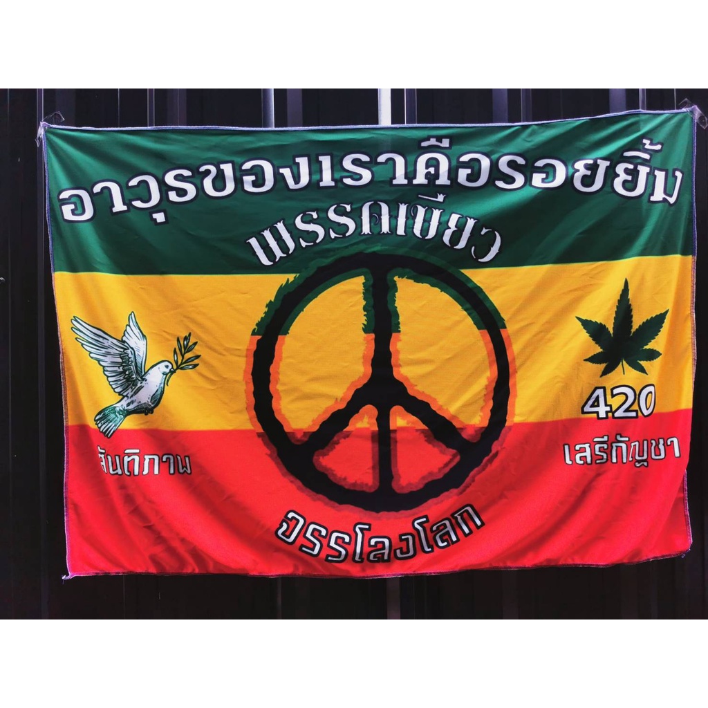 🇹🇭 31decor ผ้าตกแต่งผนัง ผ้าธง พรรคเขียว อาวุธของเราคือรอยยิ้ม 420 เขียวเหลืองแดง ถ่ายจากสินค้าจริง ชัดสวย