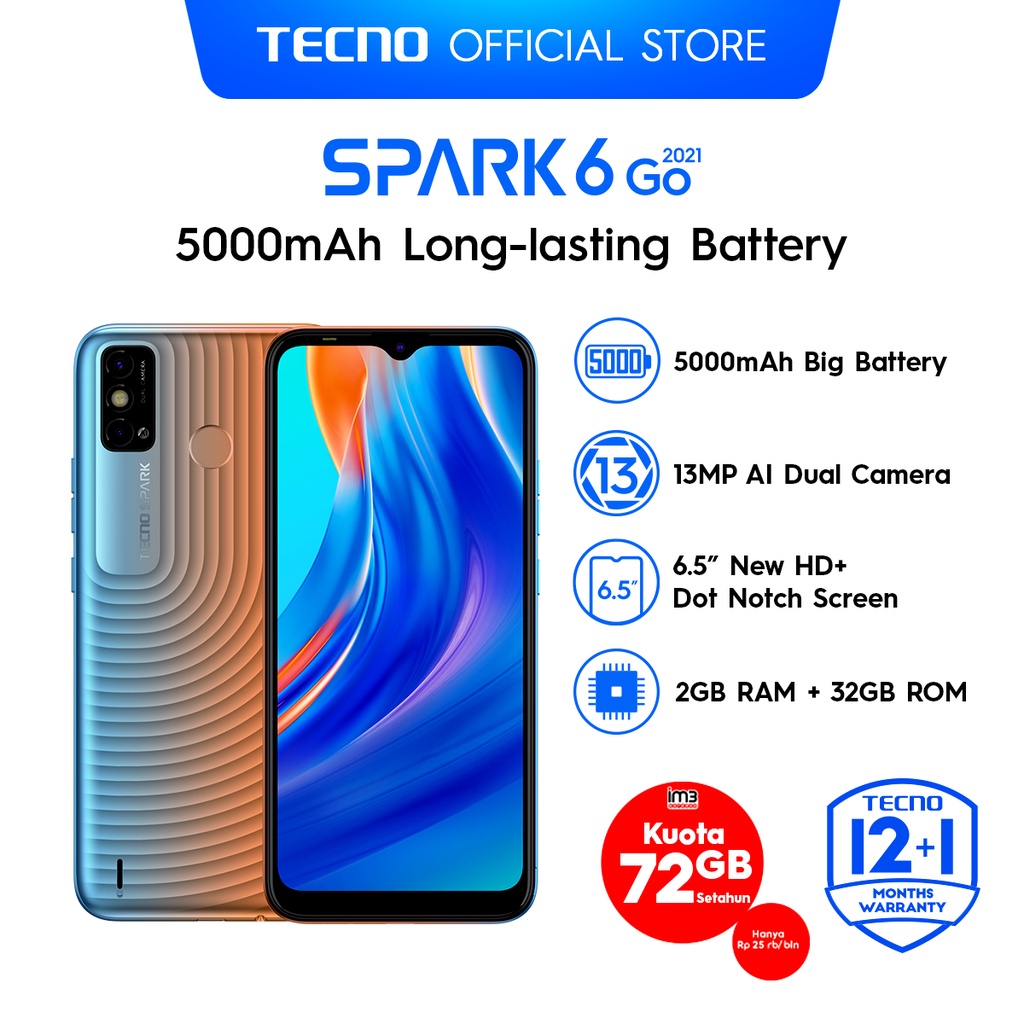 TECNO - Spark 6 Go 2021 - 2GB+32GB Quad core 1.8GHZ 5000mAh - Horizon Orange