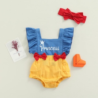 LAA6-2Pcs Baby Girls Summer Outfit, Letters Print Stitching Square-Neck Backless Romper + Hairband