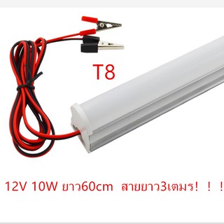 ชุดหลอดไฟ พร้อมสาย ปากคีบแบต LED T8 12V DC ขนาด 10Watt 60 cm.สายยาว3เมตร