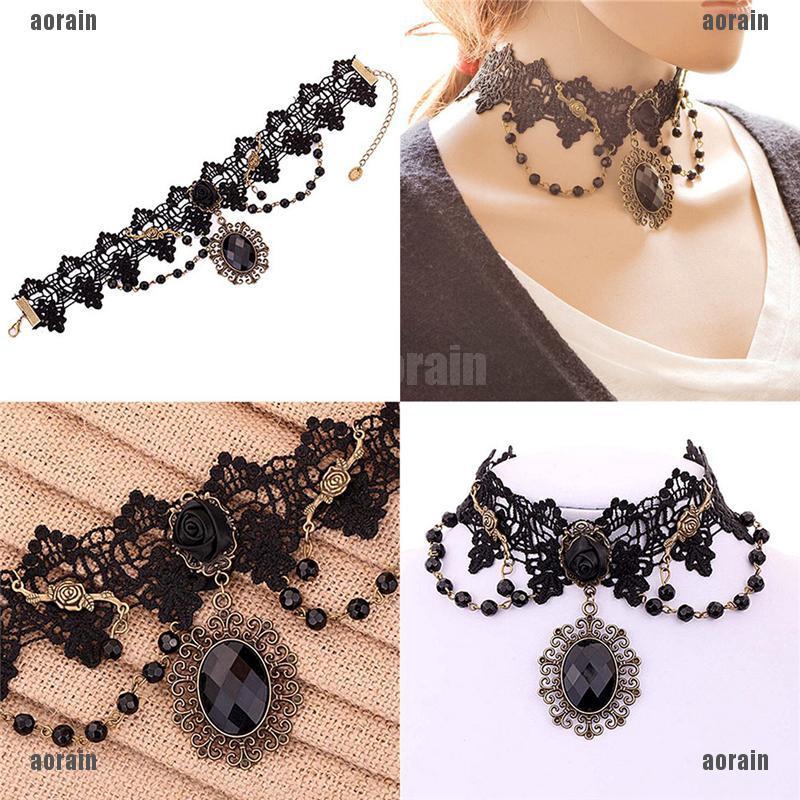 AG Fashion Lolita Gothic Black Rose Flower Lace Choker Collar Necklace ...