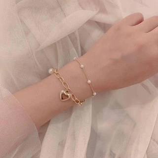 สร้อยข้อมือรูปหัวใจ 2 ชั้น สร้อยข้อมือไข่มุก สร้อยข้อมือ กำไลข้อมือ กำไลแฟชั่น เครื่องประดับ ผู้หญิง สไตล์เกาหลี B28