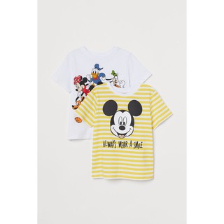 H&amp;M [2 ตัว] เสื้อเด็ก เสื้อยืดแขนสั้น สีเหลืองลายริ้ว ลาย Mickey Always ware a smile &amp; สีขาวลายรวม Disney Character