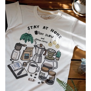 "Stay Slow and Brew Coffee" t-shirt collection เสื้อยืดสีออฟไวท์ ลายดริปกาแฟ