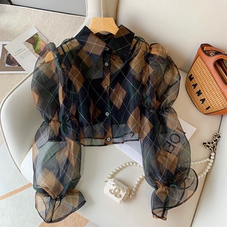 เสื้อเชิ้ตซีทรู ตัวสั้น ผ้าโปร่ง แบบบาง สําหรับผู้หญิง เสื้อลายดอก