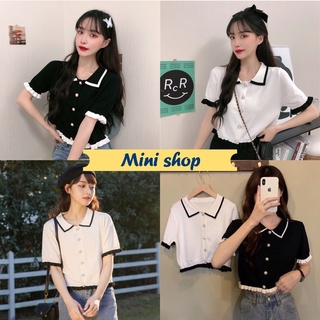 Mini Shop🌸พร้อมส่ง🌸 (25006) เสื้อไหมพรมแขนสั้น ลุคคุณหนูน่ารัก ใส่สบายผ้านุ่ม