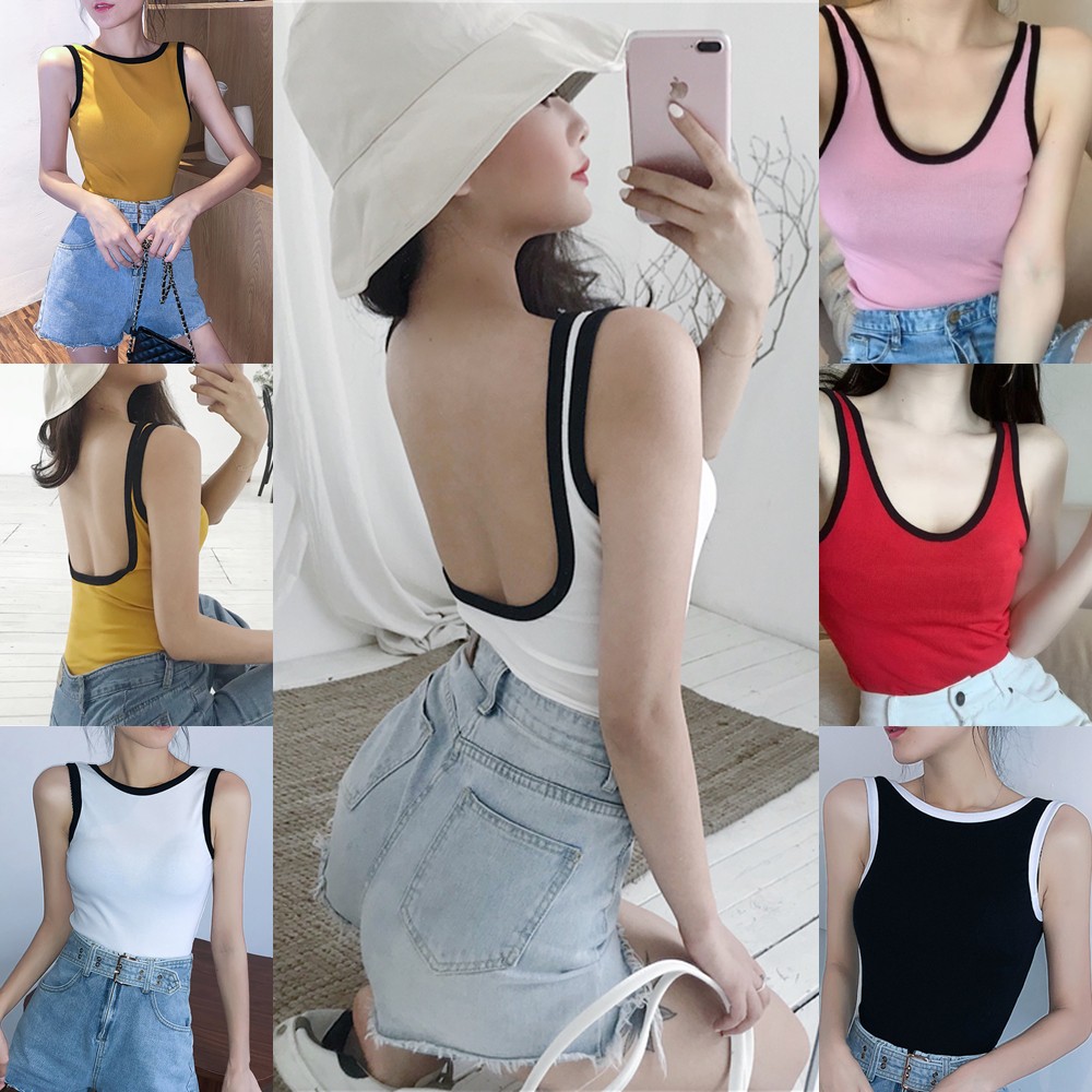 ราคาถูกที่สุด เสื้อกล้ามไหมพรมคอกลมสีพื้น ขอบดำเว้าหลัง มี 5 สี