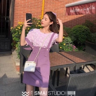 ชุดเดรส‼️พร้อมส่ง 💜New korea design -งานนำเข้า พร้อมส่ง- Purple jeans skirt set ชุดเซ็ท 2 ชิ้น เสื้อแขนดอลลี่ สีชมพู