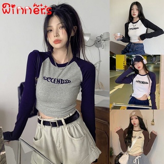 Winners เสื้อยืดแขนยาว รัดรูป คอกลม สีตัดกัน สไตล์เกาหลี สําหรับผู้หญิง