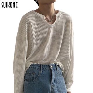 Suikone  ผู้ชายสีทึบแขนยาวเสื้อยืดคอกลมหลวม Bottoming เสื้อแฟชั่นฤดูร้อนลำลองแนวโน้มคู่แขนยาว