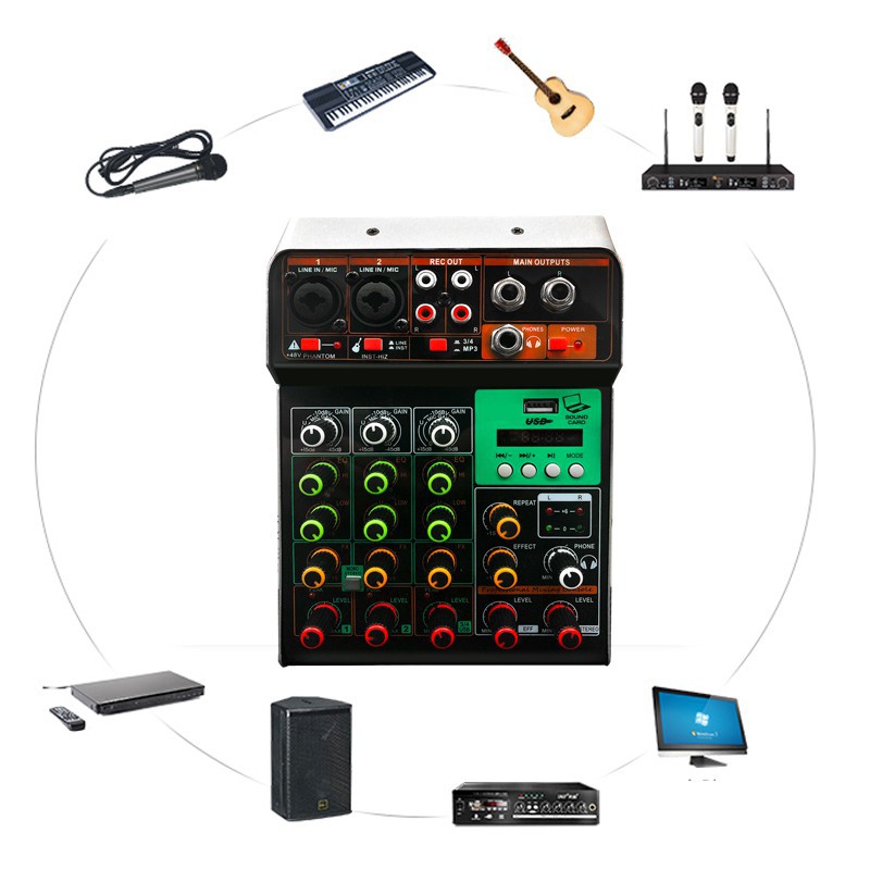 ☇△☬MX4 Audio Mixer 4 Channels Mini Musical Multifunctional PC Interface Mixing Console DJ Built-in Soun