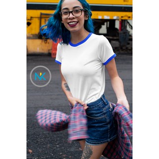 GILDAN Premium Cotton เสื้อยืดกุ๊นคอ กุ๊นแขน สีขาวกุ๊นน้ำเงิน (Ringer T-shirt white/blue) ใส่ได้ทุกเพศทุกวัย