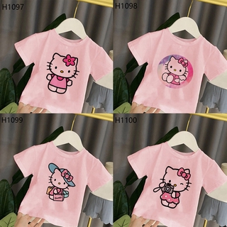 เสื้อยืดแขนสั้น พิมพ์ลายการ์ตูน Hello Kitty สีชมพู แฟชั่นฤดูร้อน สําหรับเด็กผู้หญิง