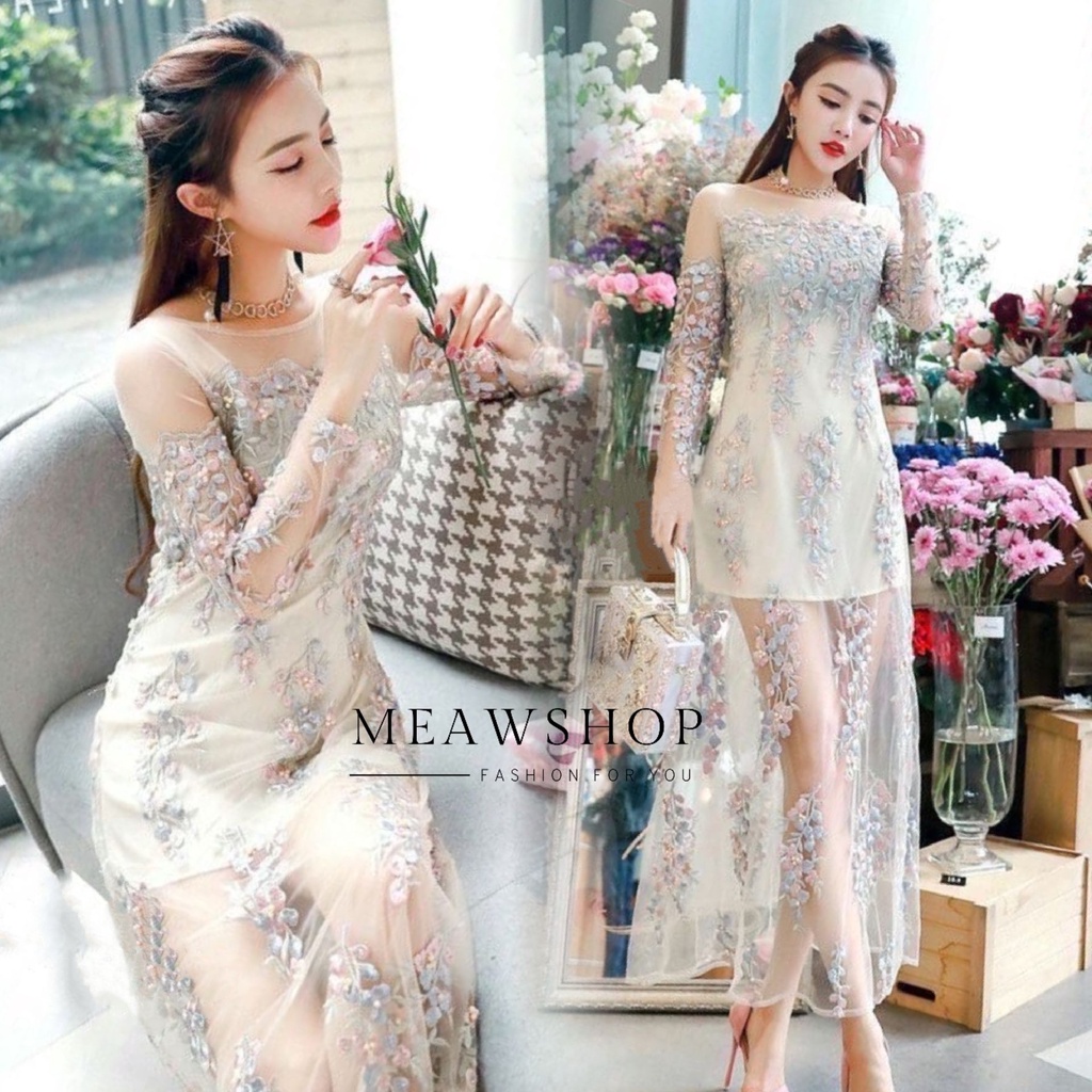เดรสออกงาน ปักมุก M-3XL ปักลายดอกไม้ สีพาสเทล ชุดออกงาน เดรสออกงาน ชุดราตรี ชุดเดรสยาว งานป้าย The C