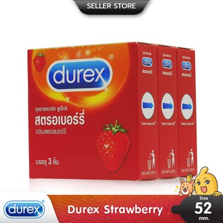 Durex Strawberry ถุงยางอนามัย กลิ่นหอมสตรอเบอร์รี่ ผิวเรียบ ขนาด 52.5 มม. บรรจุ 3 กล่อง (9 ชิ้น))