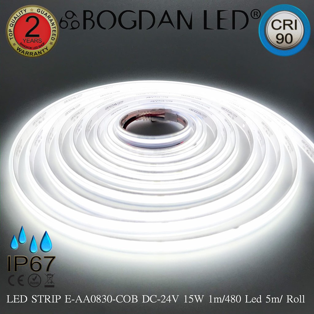 LED STRIP E-AA0830-COB-6500K DC-24V 15W/1M IP67 ยี่ห้อBOGDAN LED แอลอีดีไฟเส้นสำหรับตกแต่ง 2400LED/5