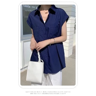 Cicishop(1162) เสื้อเชิ้ตแขนกุด oversize คอปก มีการะเป๋าหน้าผ้าคอตตอนเนื้อดี เก๋ๆ โคเรียมากเวอร์