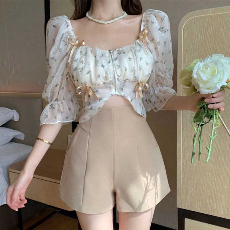 เสื้อครอปเชิ้ตแขนพอง ผ้าชีฟองลายดอกไม้ สไตล์เกาหลี