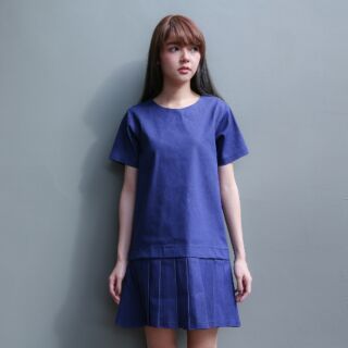 OLIVIA Pleated Dress ( ยีนส์ NAVY )