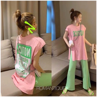 พร้อมส่ง  Set เสื้อแขนกุดสกรีนลาย มาพร้อมกางเกงขายาวเอวยืด