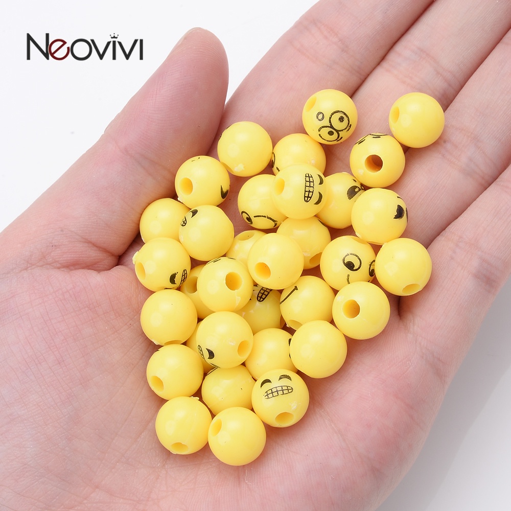 50pcs 10mm Expression ลูกปัดอะคริลิคสีเหลืองยิ้มรอบ Spacer ลูกปัดสำหรับเครื่องประดับทำสร้อยข้อมือ DIY อุปกรณ์เสริม