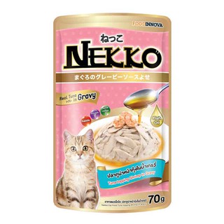 ✨นาทีทอง✨ เน็กโกะ อาหารแมว รสปลาทูน่าหน้ากุ้งในเกรวี่ 70 กรัม X 12 ซอง Neko Tuna Shrimp In Gravy 70 g x 12