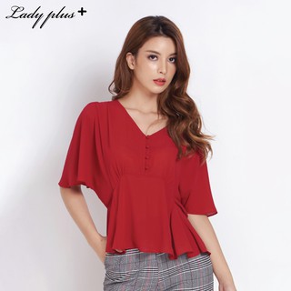 Lady Plus เสื้อชีฟองคอวีแขนระบาย | Chiffon V-Neck Blouse เสื้อแขนสั้น สีแดง