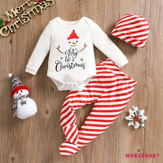 MG-Infant Christmas Three-piece Clothes Set, Printed Pattern Long Sleeve Romper, Footed Pants and Cap