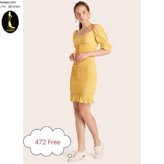 kudapy เดรสสั้นผ้าสม็อคสีเหลือง แต่งแขนตุ๊กตา ผ้านุ่ม ยืดได้เยอะตามตัว